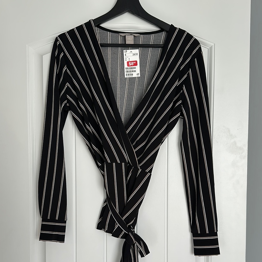 Black Striped Wrap Top